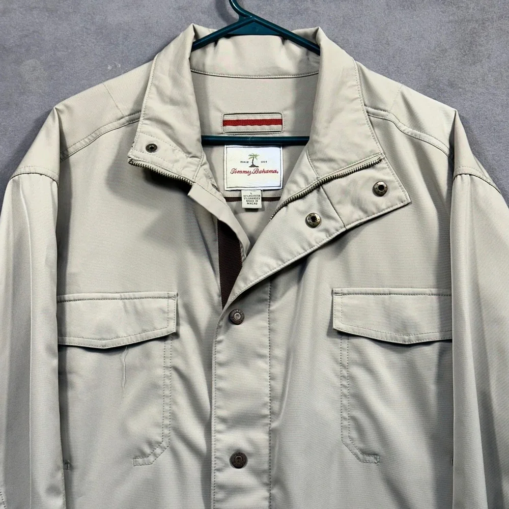 Tommy Bahama Field Jacket Mens Large Tan Utility Stretch Button Front Excellent